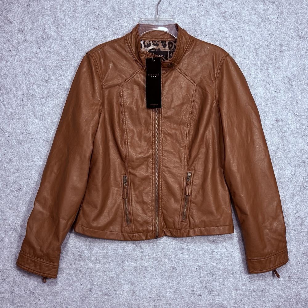 Therapy Cognac Faux Leather Moto Jacket Womens L Leopard Lined Biker NWT